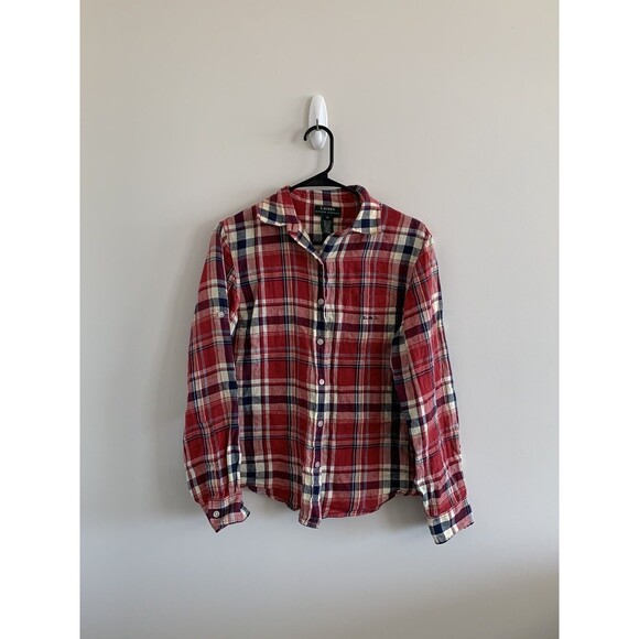 Lauren Ralph Lauren Women's Top Blouse 100% Linen Button Up Red Plaid Size M - Picture 1 of 5